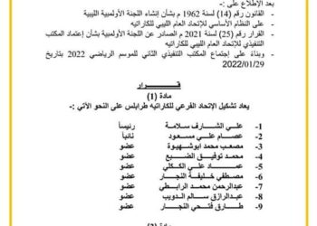 قرار رئيس الاتحاد العام الليبي للكاراتية بشأن اعادة تشكيل الاتحاد الفرعى للكاراتية طرابلس