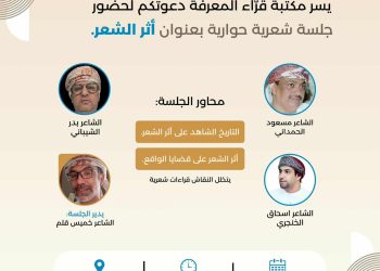 مكتبة قرّاء المعرفة تستضيف غداً جلسة شعرية حوارية بعنوان «أثر الشعر» 