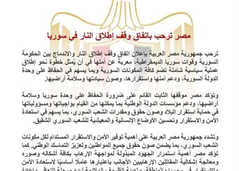 مصر ترحب باتفاق وقف إطلاق النار في سوريا