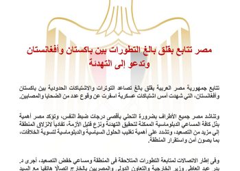 مصر تتابع بقلق بالغ التطورات بين باكستان وأفغانستان وتدعو إلى التهدئة