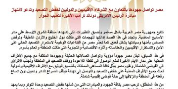 مصر تواصل جهودها بالتعاون مع الشركاء الإقليميين والدوليين لخفض التصعيد 